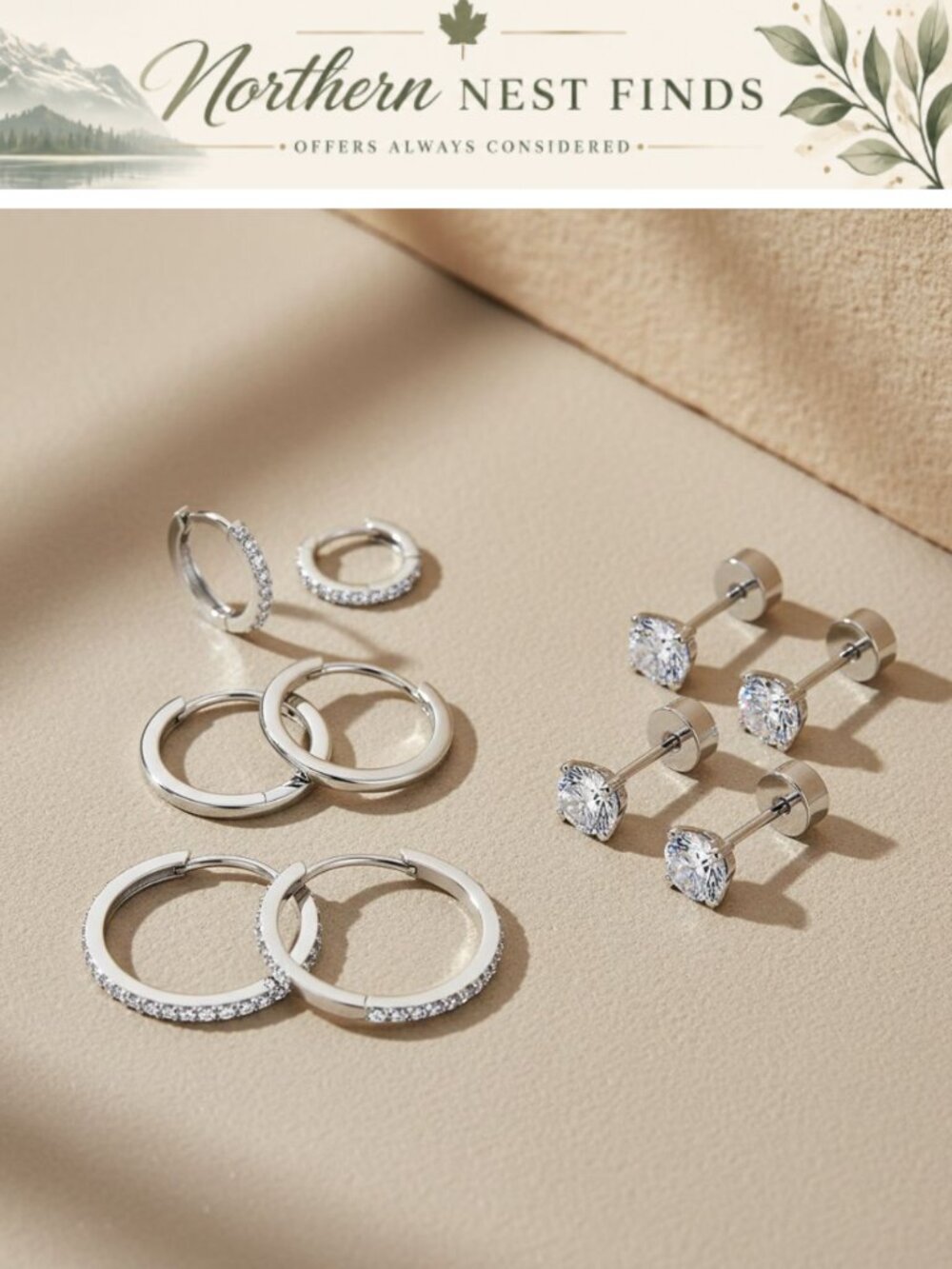 6 Pairs Sterling Silver Hoop Stud Earrings Set for Women